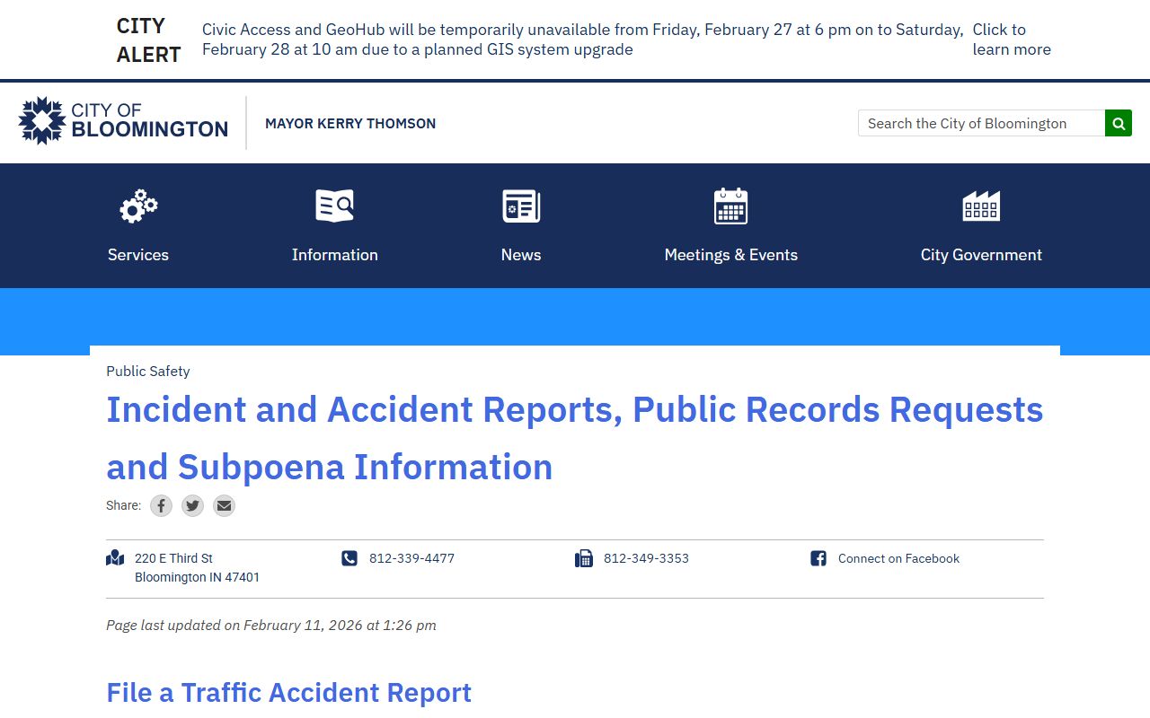 Bloomington accident reports page for arrest records access