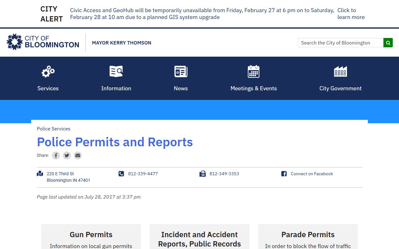 Bloomington Police permits and reports page