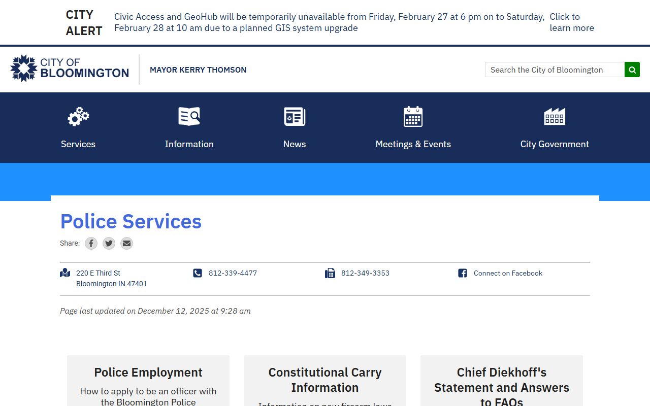 Bloomington Police Department homepage for arrest records