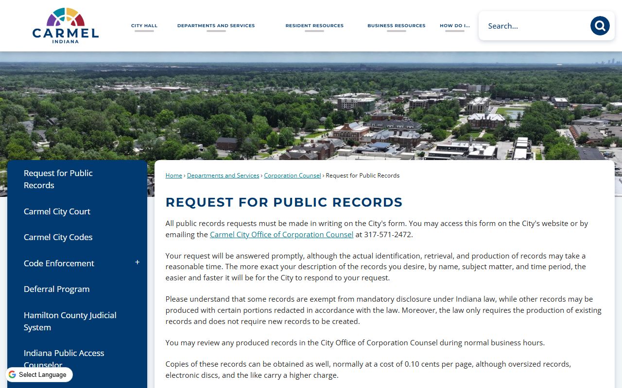 Carmel public records request page for arrest records
