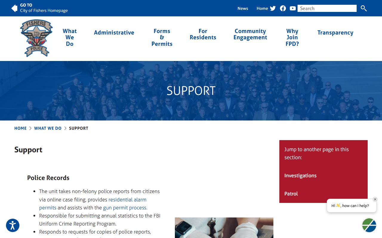 Fishers Police support services page