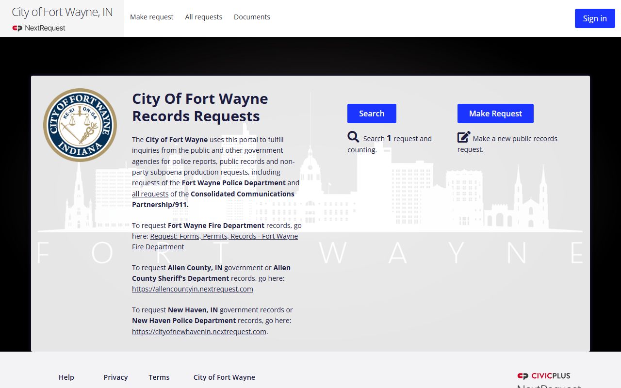 Fort Wayne NextRequest portal for police report requests