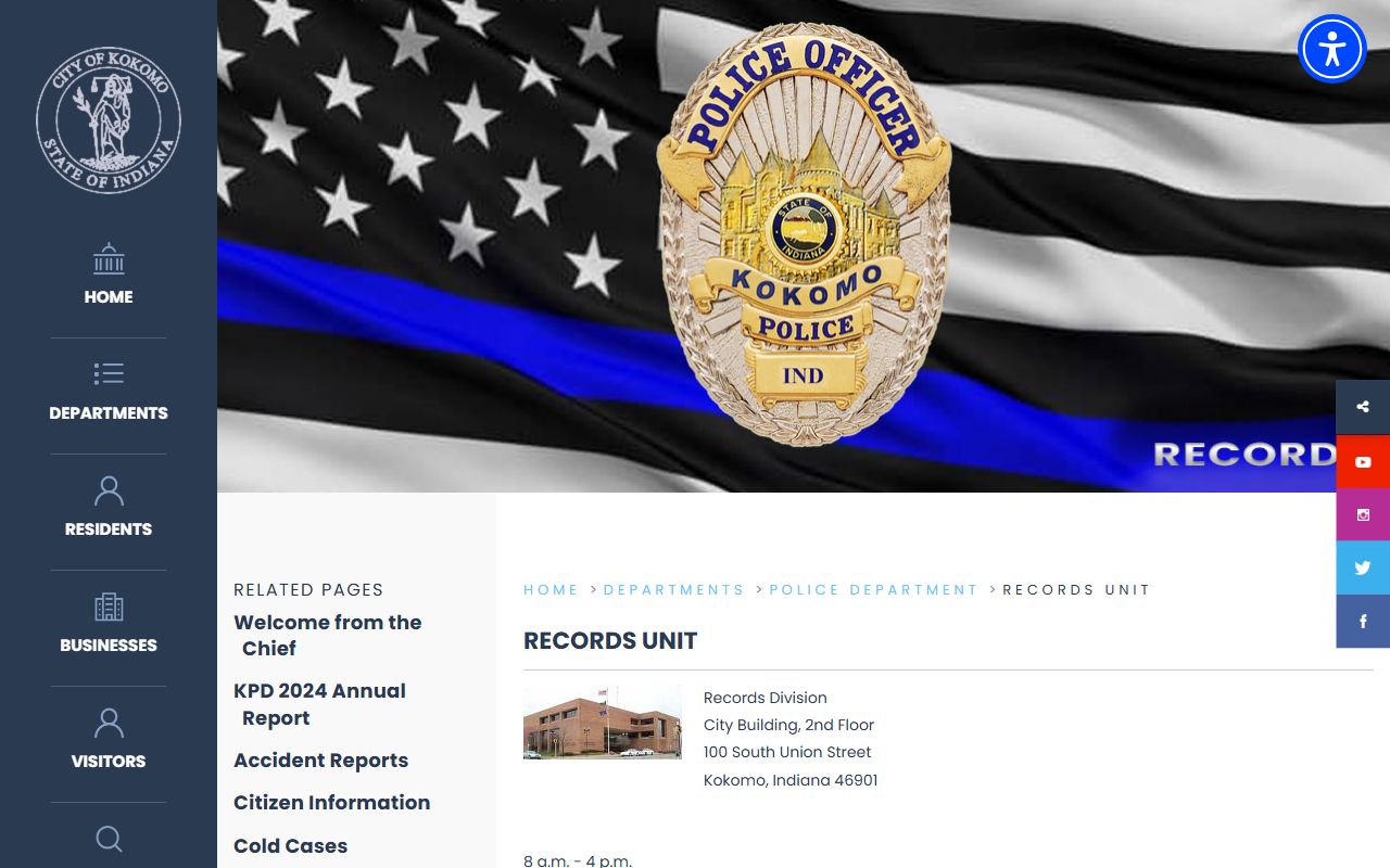 Kokomo Police Records Unit page for arrest records