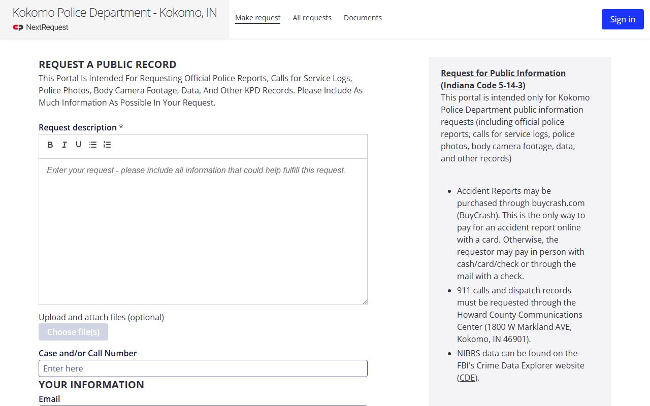 Kokomo NextRequest portal for police report requests