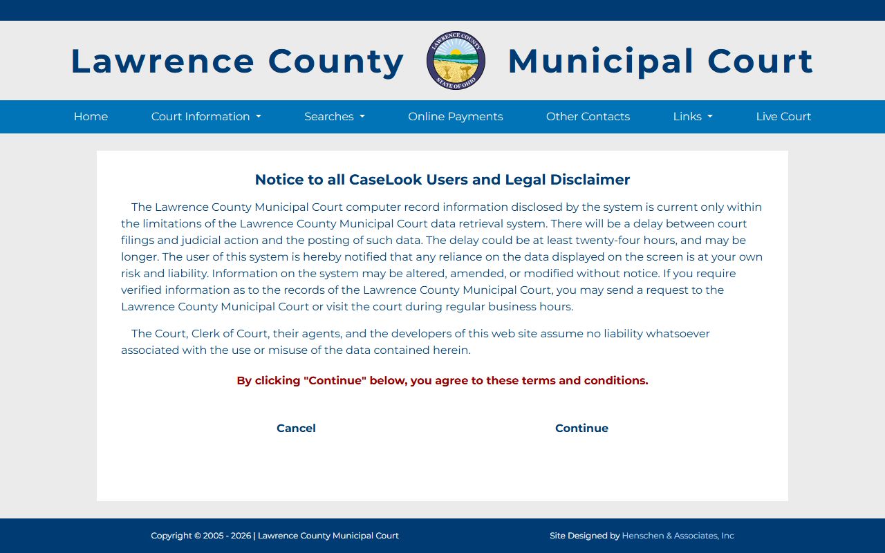 Bedford Municipal Court record search page for Lawrence County arrest records
