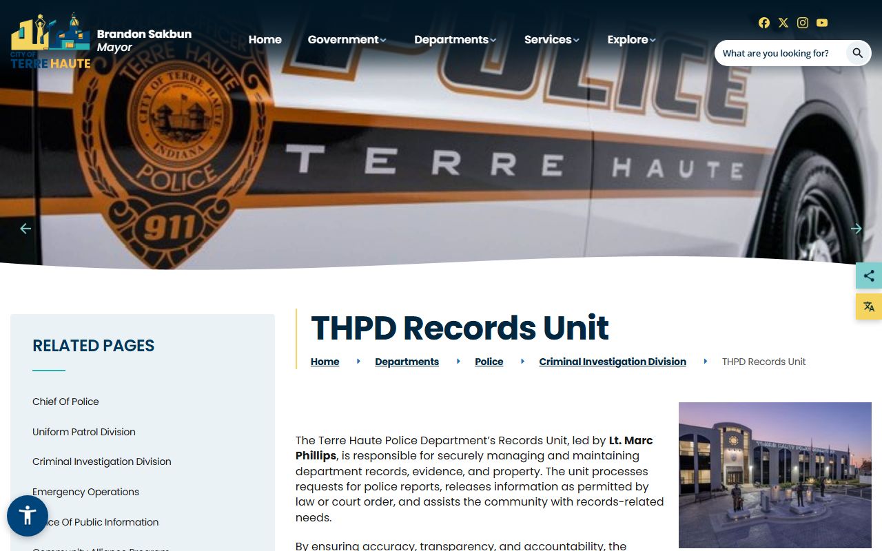 Terre Haute Police Records Unit page for arrest records