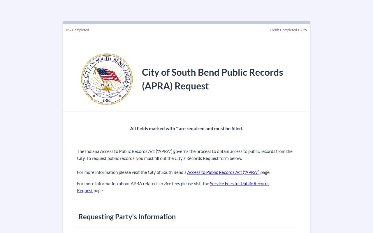 South Bend APRA request portal for arrest records