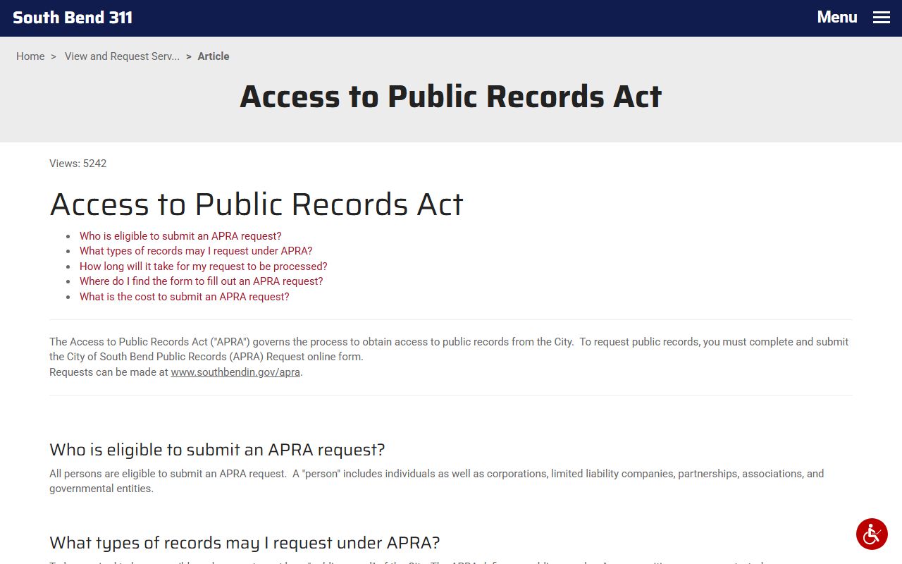 South Bend public records FAQ for arrest record requests