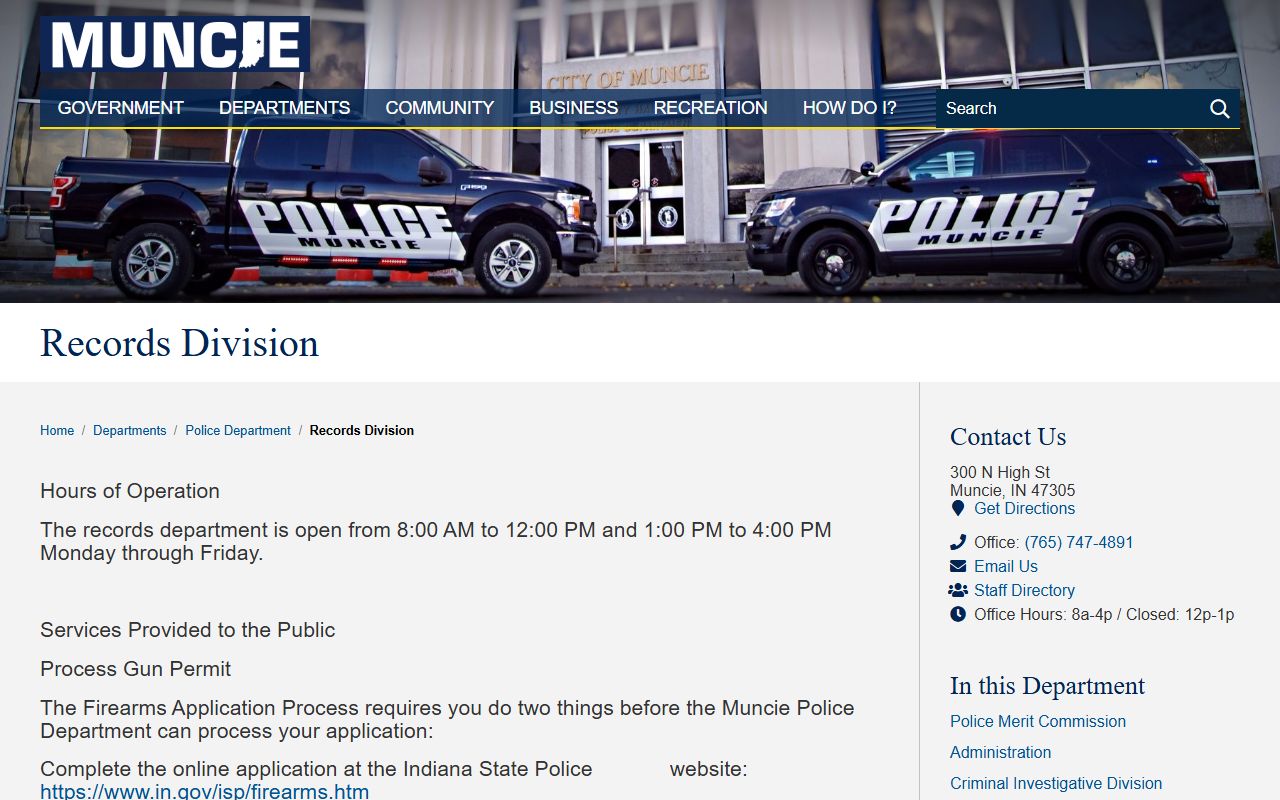 Muncie Police Records Department for arrest record requests