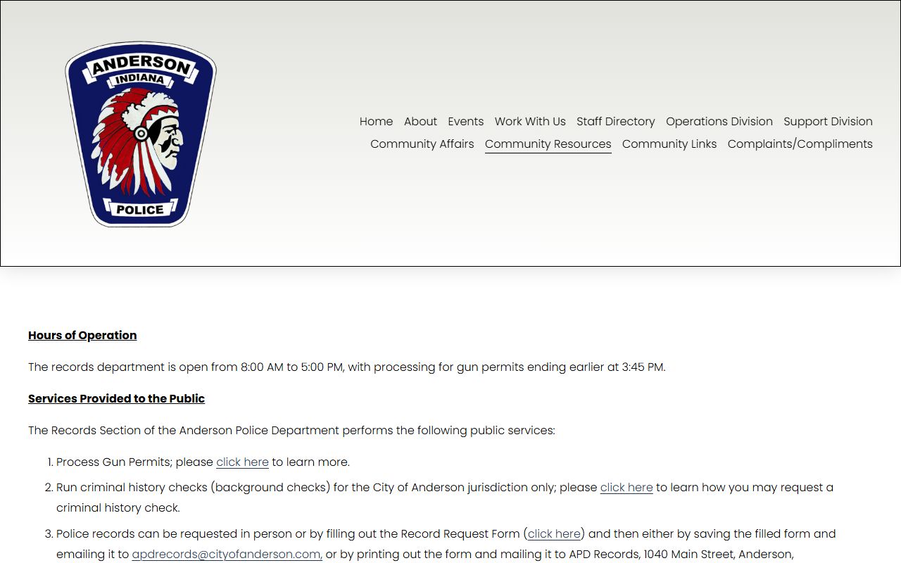 Anderson Police Department records page for arrest records