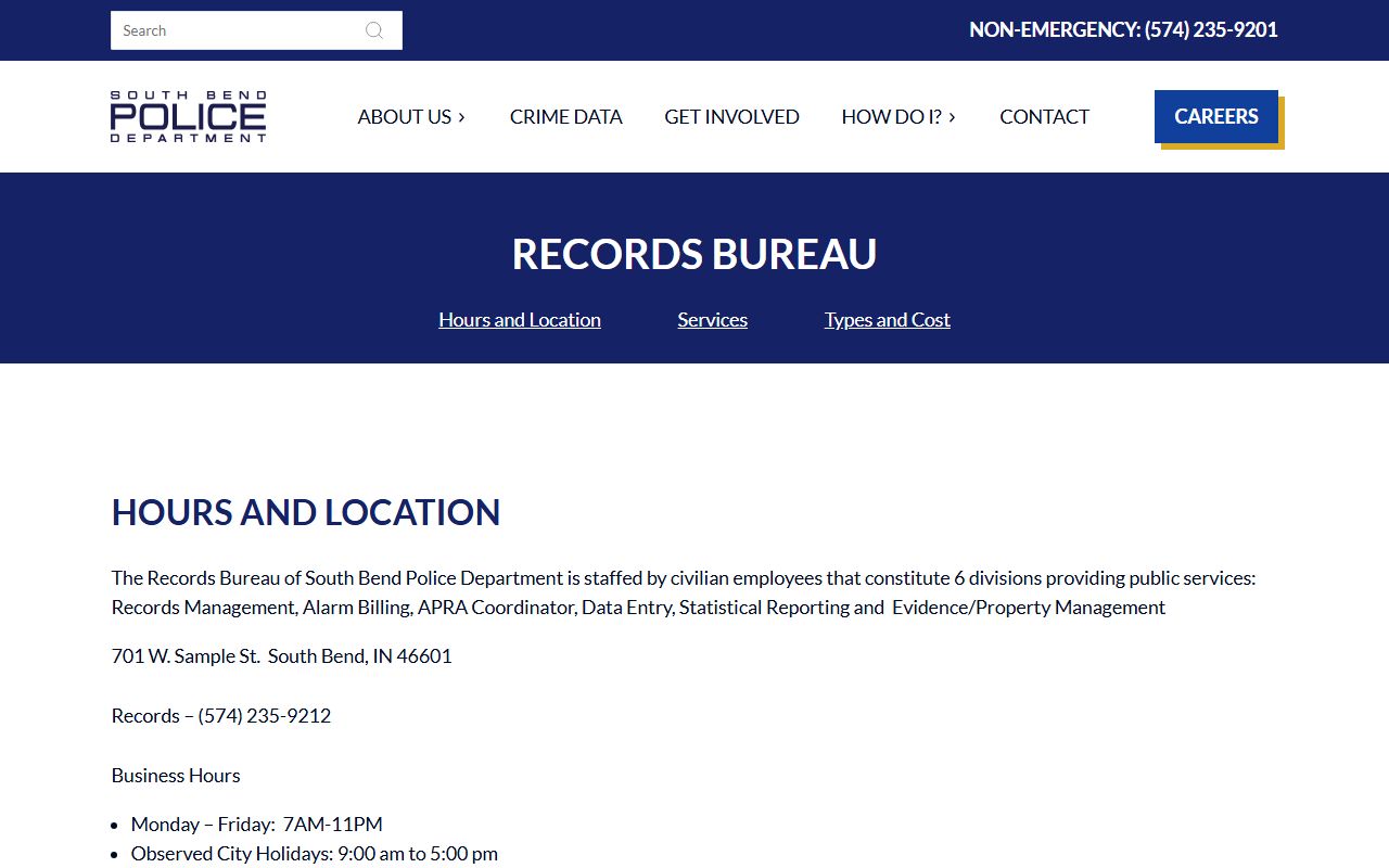 South Bend Police Records Bureau for arrest record requests