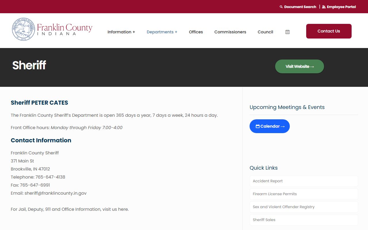 Franklin County Sheriff's Office homepage for arrest records in Brookville