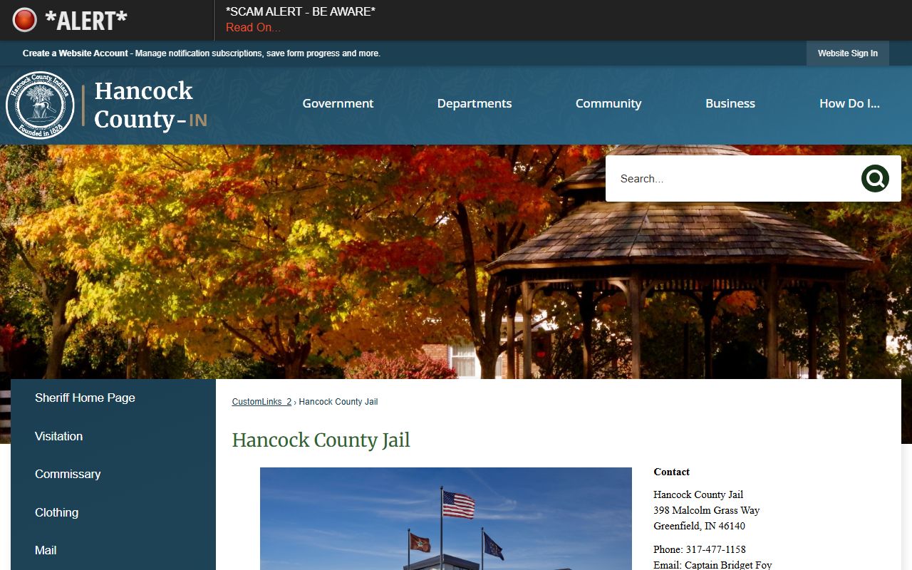 Hancock County Jail information page with visiting hours and policies