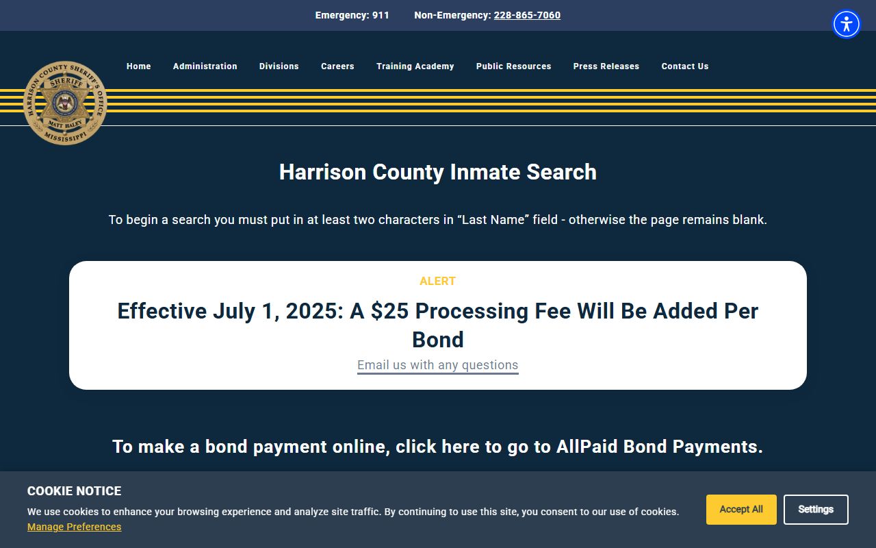 Harrison County Sheriff inmate search page for looking up current inmates