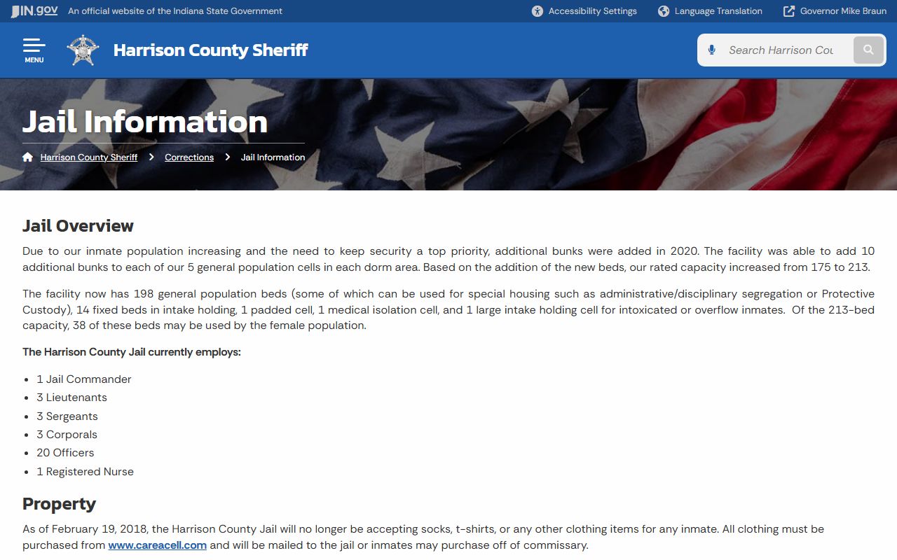 Harrison County Jail information page with facility details