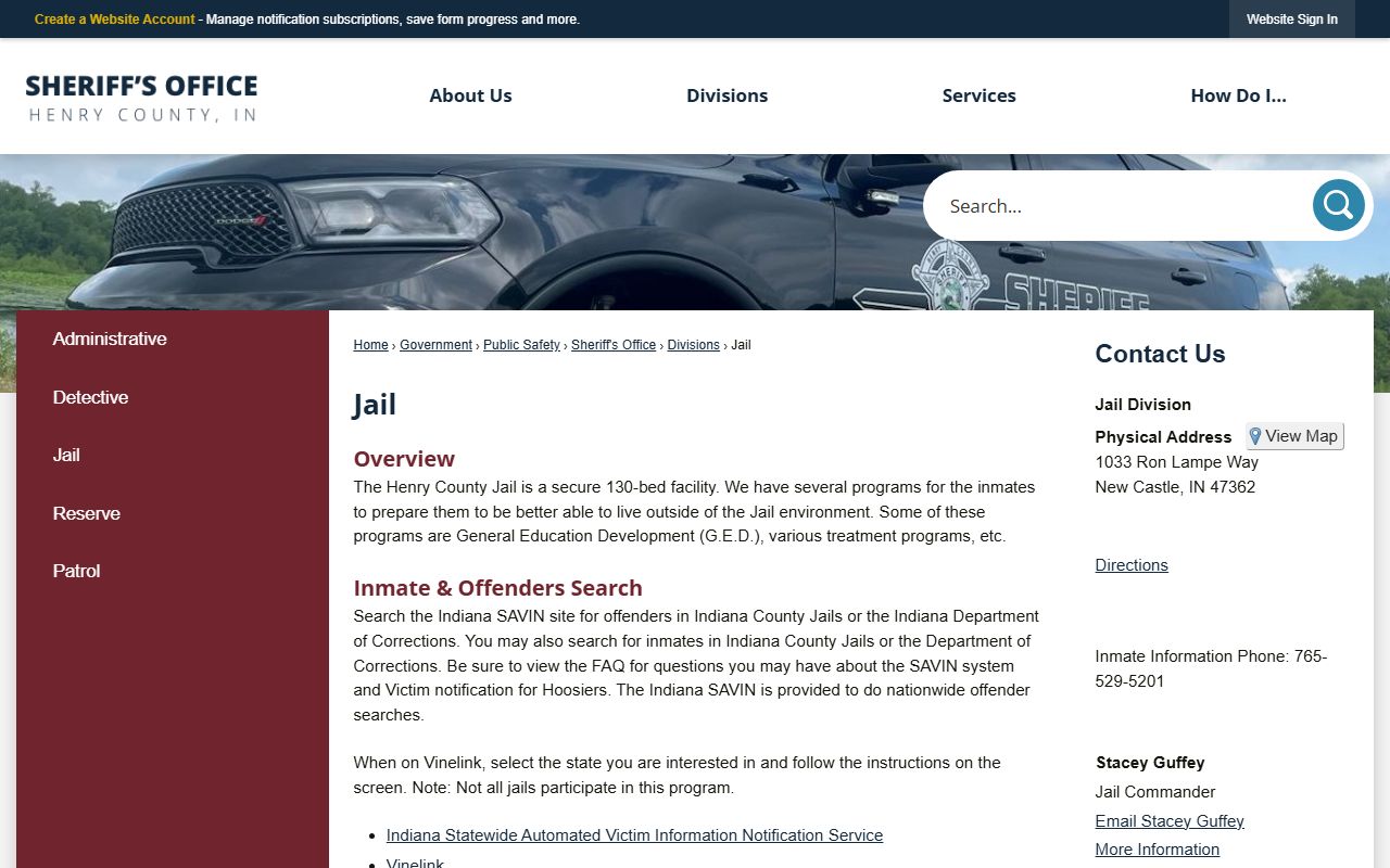 Henry County Jail page with booking information and facility details