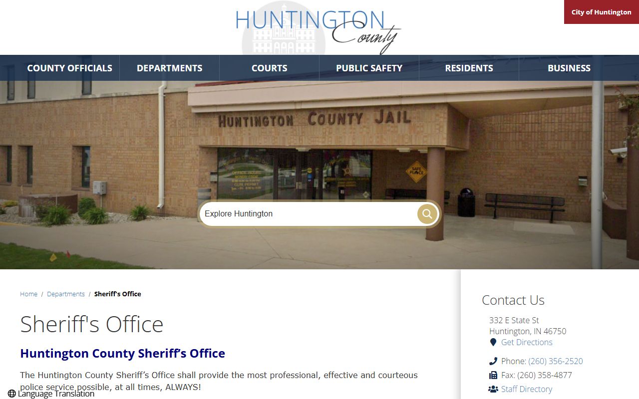 Huntington County Sheriff's Office page with contact and records information