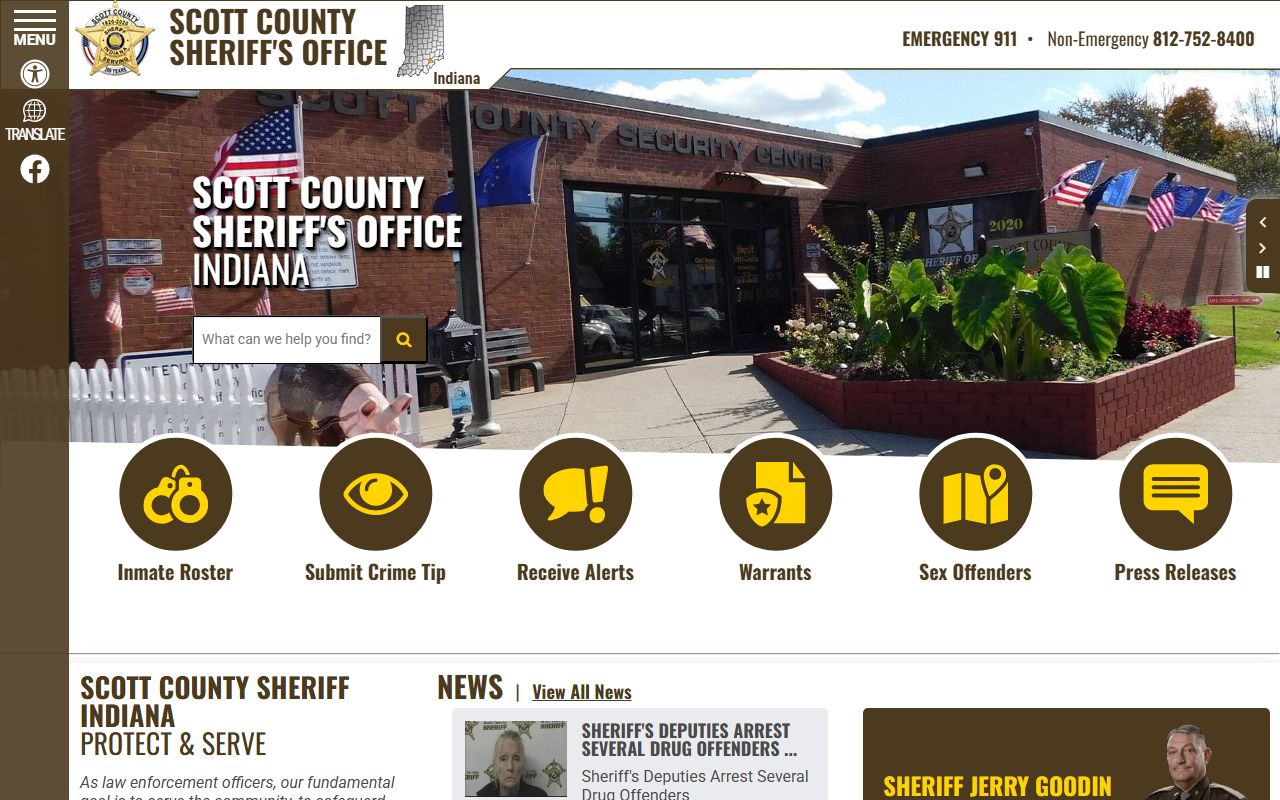 Scott County Sheriff Office homepage for arrest records in Scottsburg Indiana