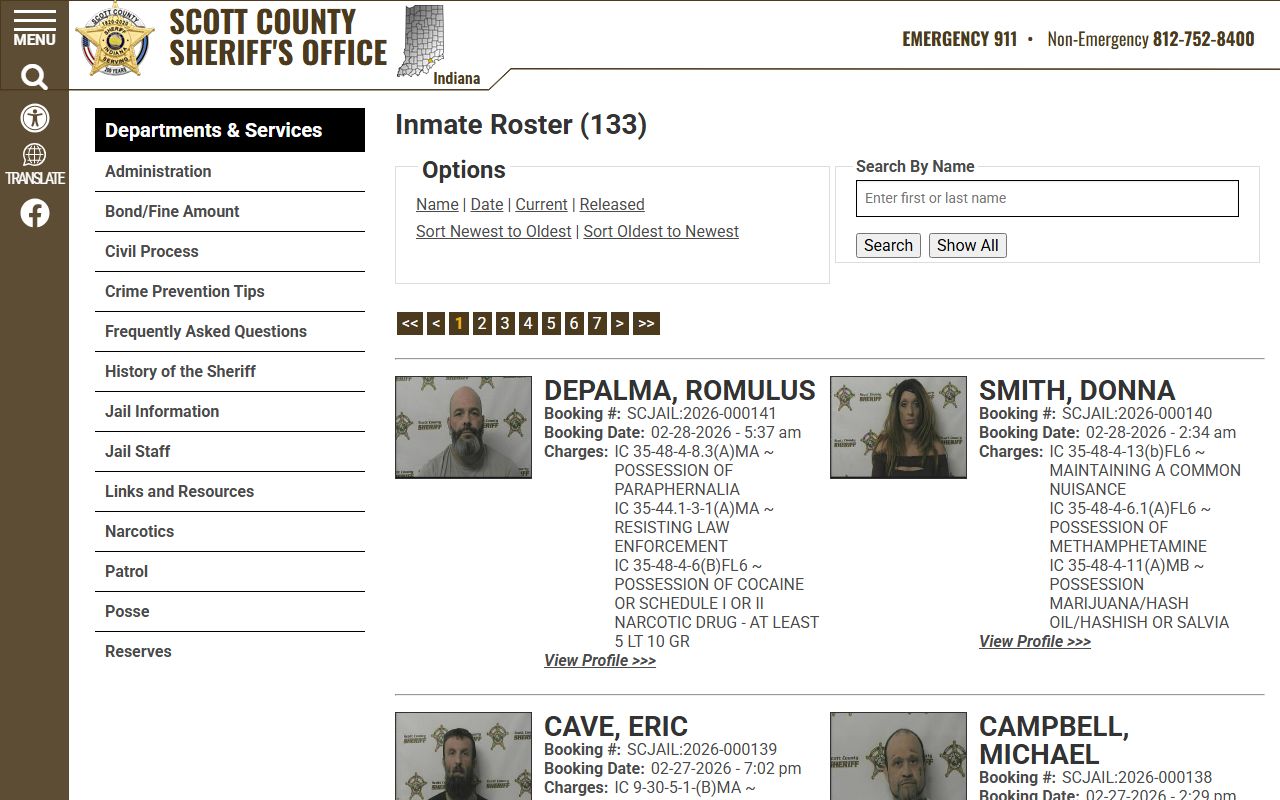 Scott County inmate roster showing current jail bookings