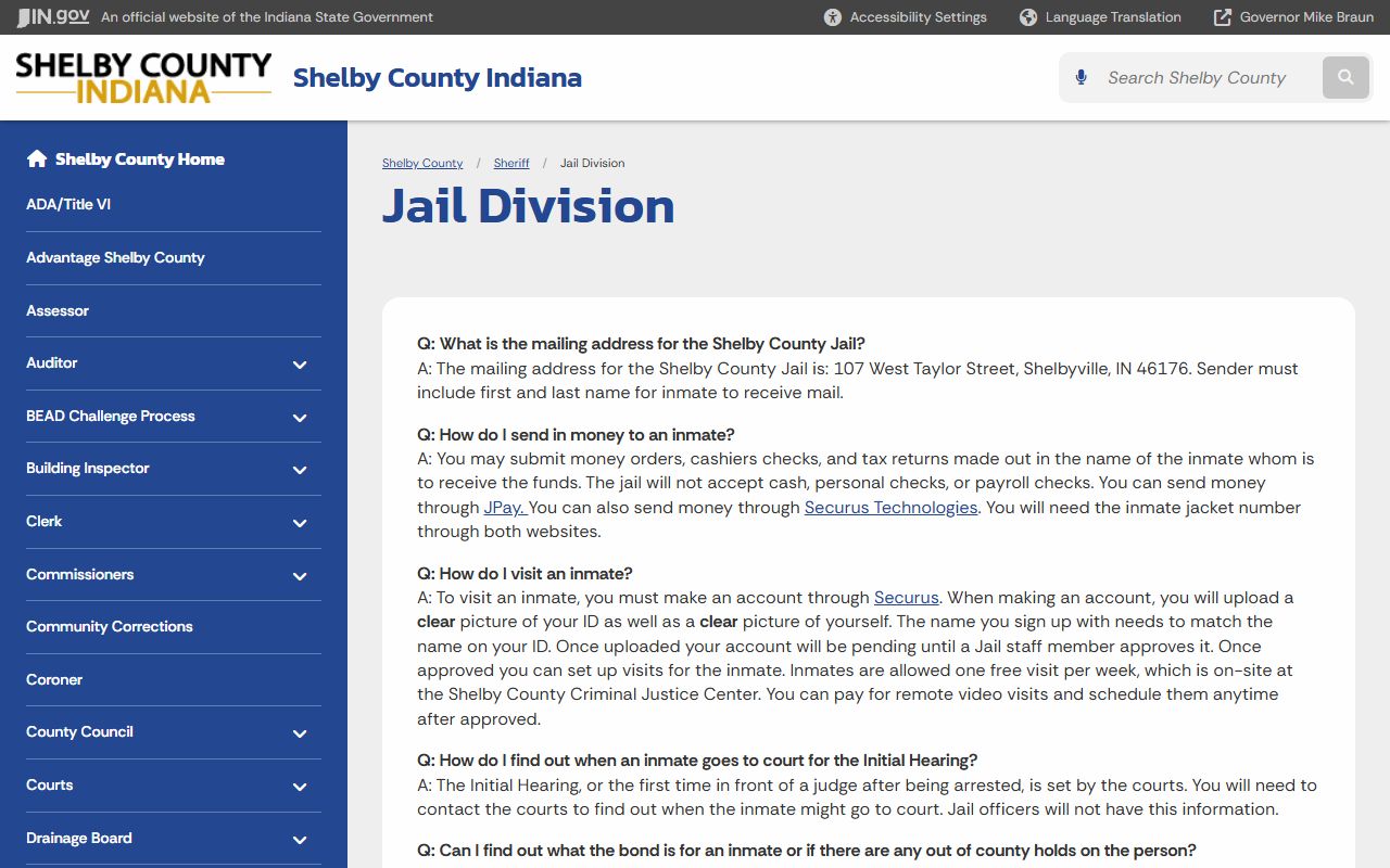 Shelby County jail division page showing booking and inmate information in Shelbyville