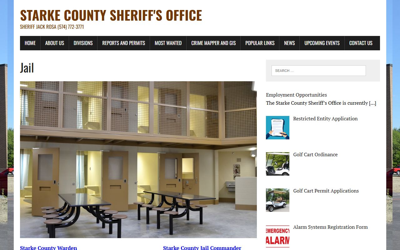 Starke County jail division page with booking and visitation info