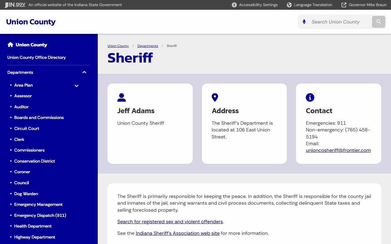 Union County Sheriff Office page for arrest records in Liberty Indiana