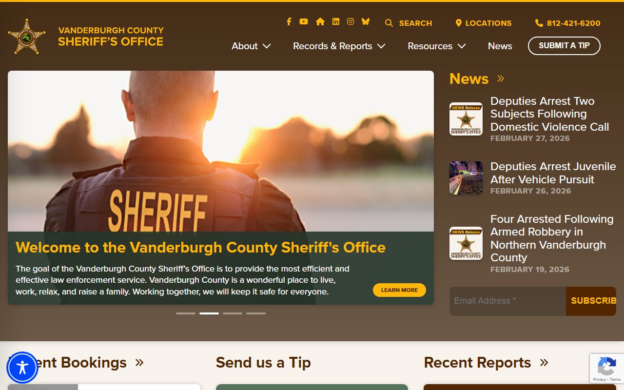 Vanderburgh County Sheriff homepage for arrest records in Evansville
