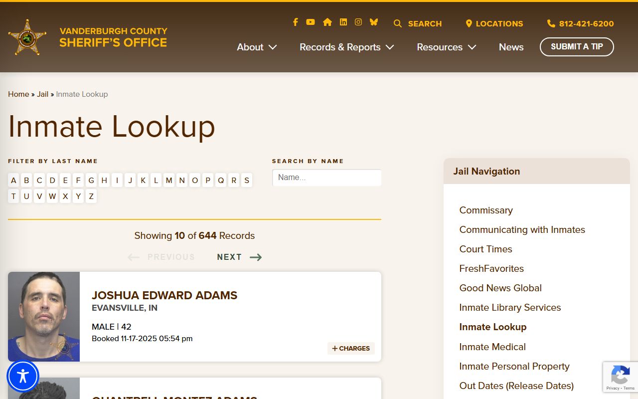 Vanderburgh County inmate lookup search portal in Evansville