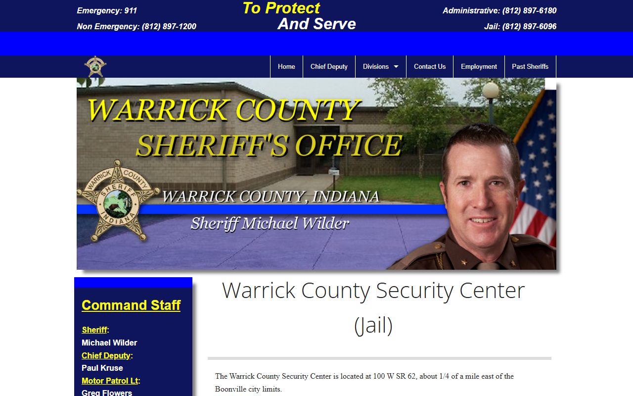Warrick County jail division page with booking and visiting info