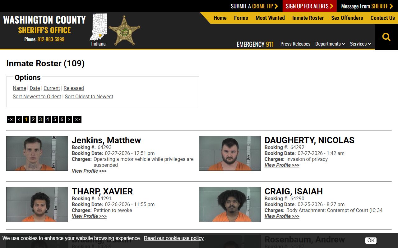 Washington County inmate roster database in Salem Indiana