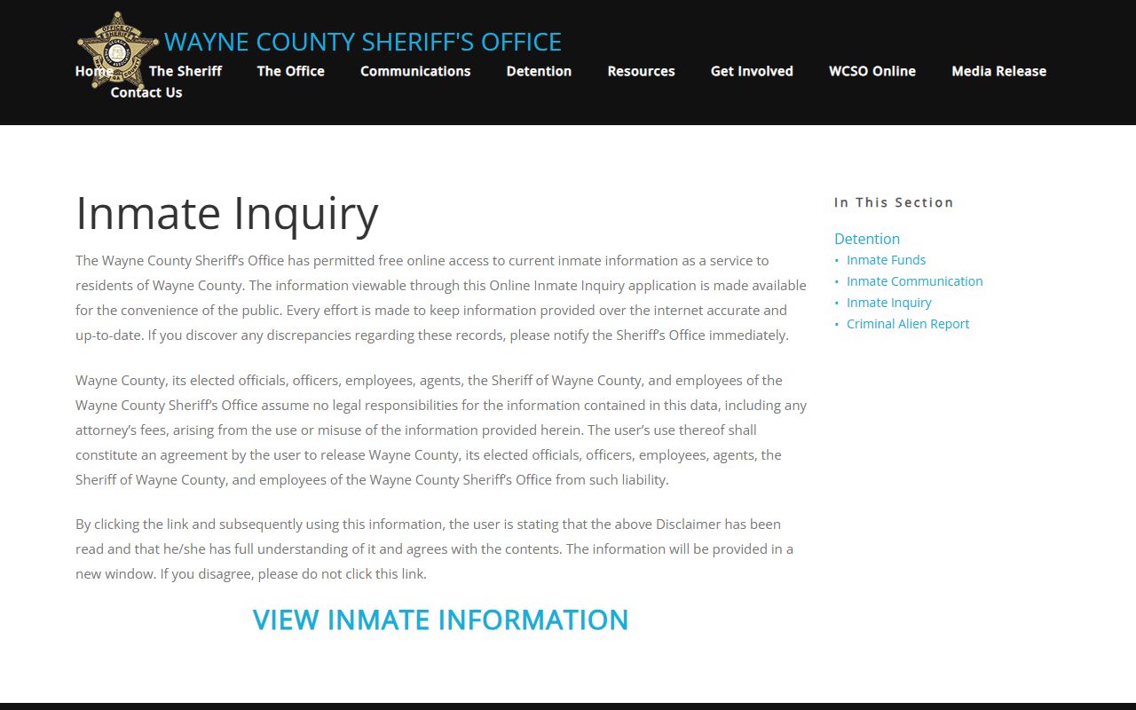 Wayne County inmate inquiry search portal for arrest records in Richmond
