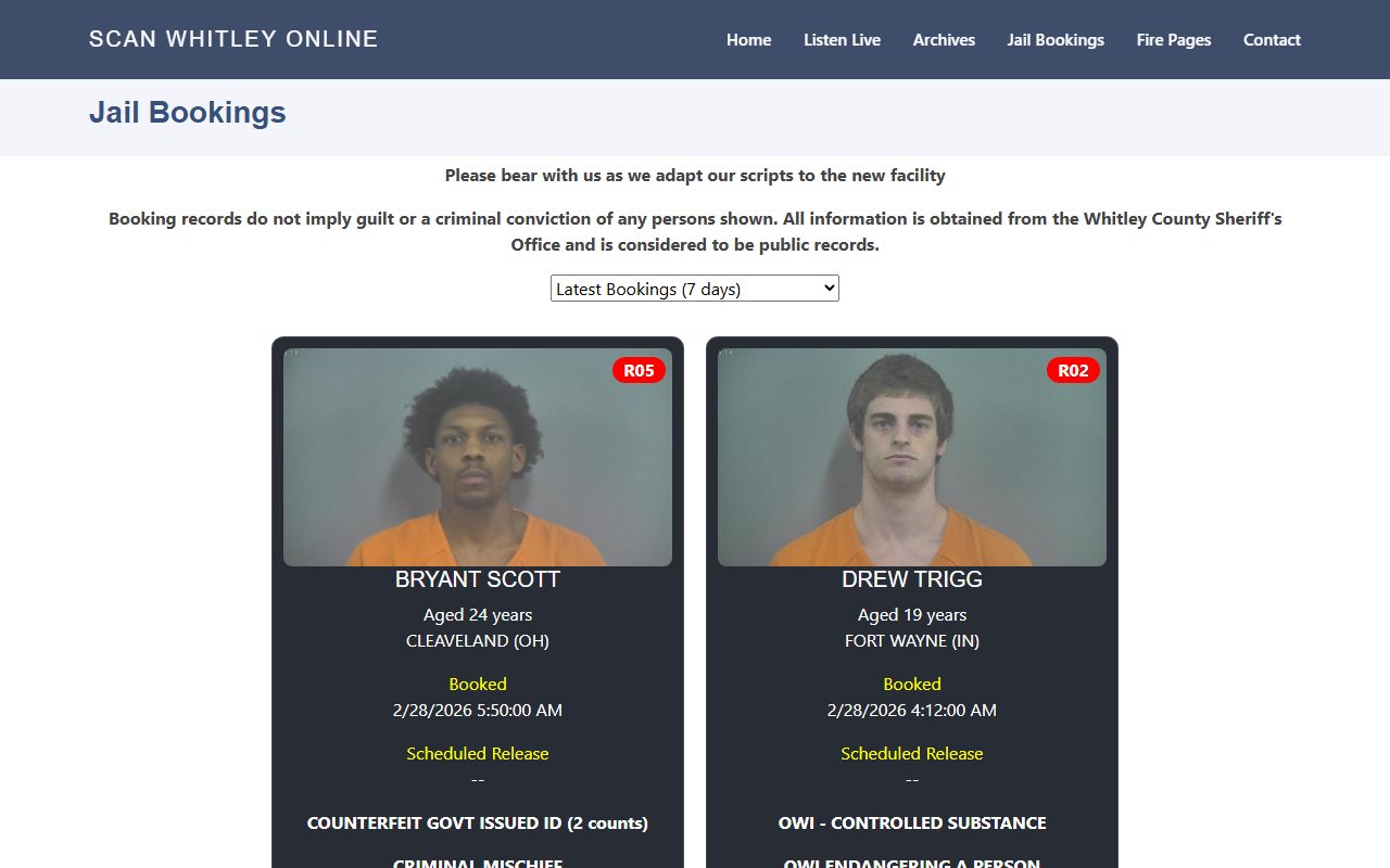Whitley County jail bookings database for arrest records