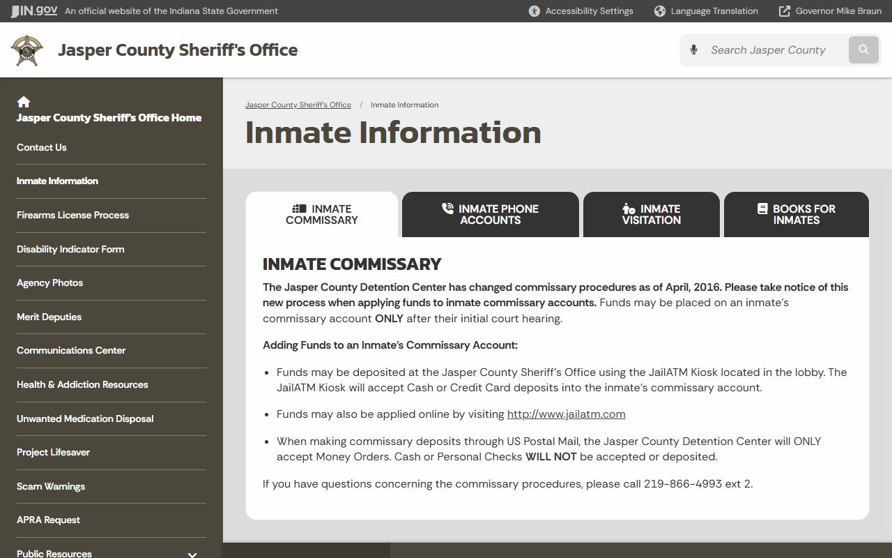 Jasper County inmate information page for arrest records