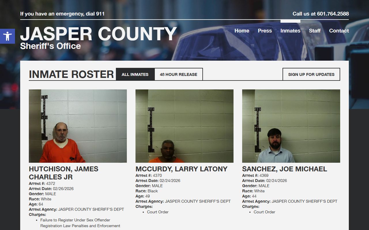 Jasper County inmate roster showing arrest records
