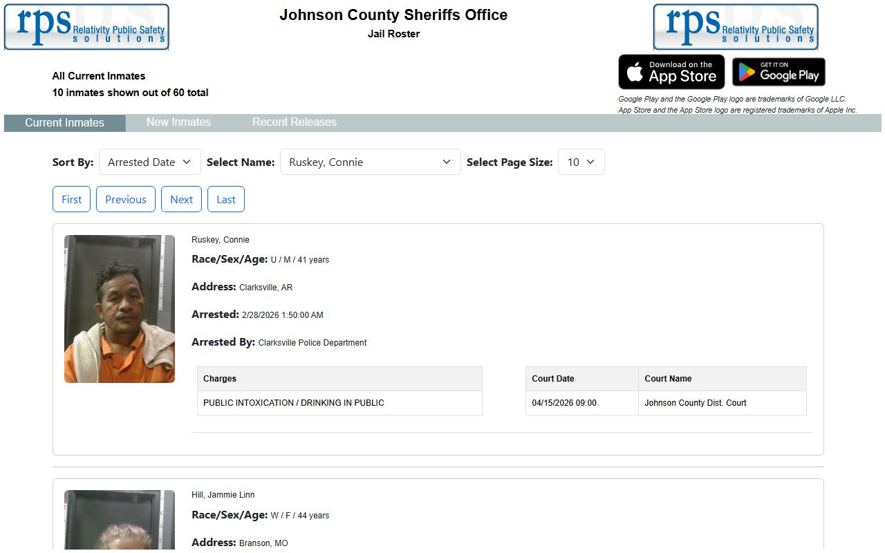 Johnson County jail roster showing current inmates and booking information