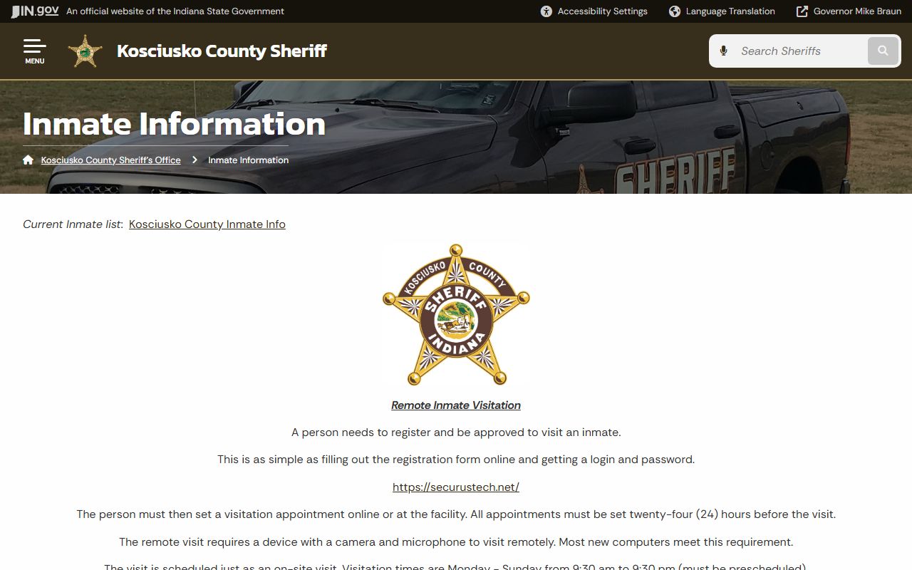 Kosciusko County inmate information page showing booking records in Warsaw