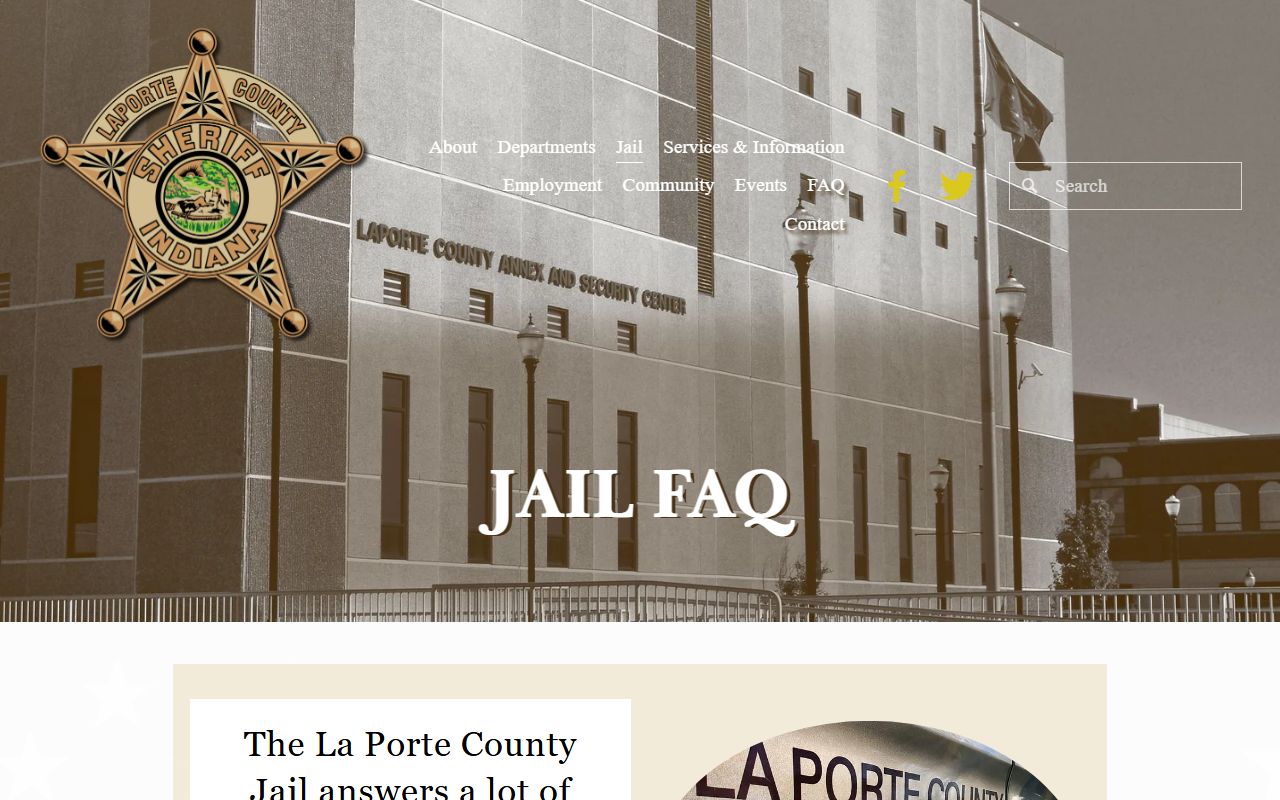 LaPorte County jail FAQ page with booking and visitation information