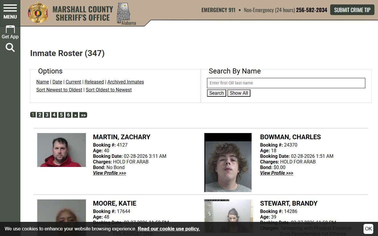 Marshall County inmate roster showing current jail bookings