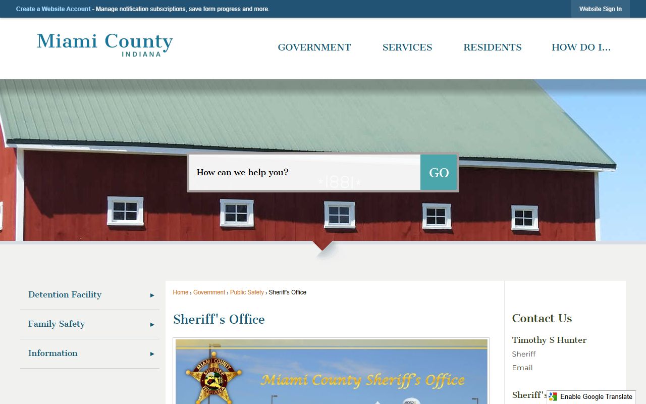 Miami County Sheriff Office page showing contact details and arrest records resources in Peru