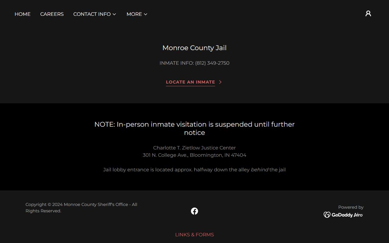 Monroe County jail information page with visitation and booking details
