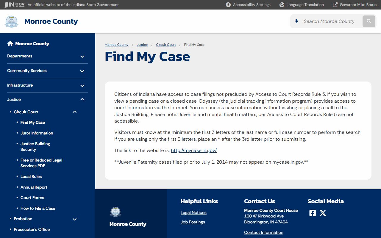 Monroe County case search information page for finding court records
