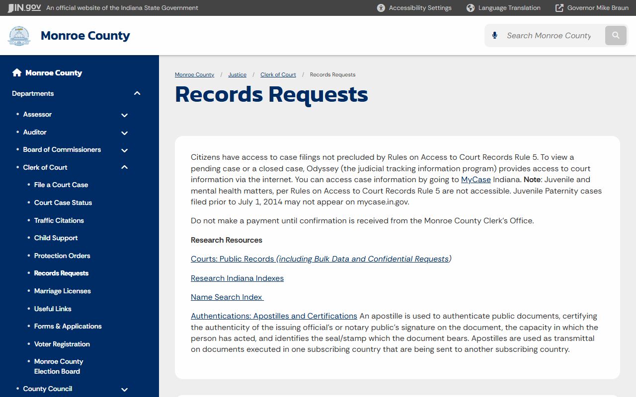 Monroe County records request page for obtaining arrest and court documents