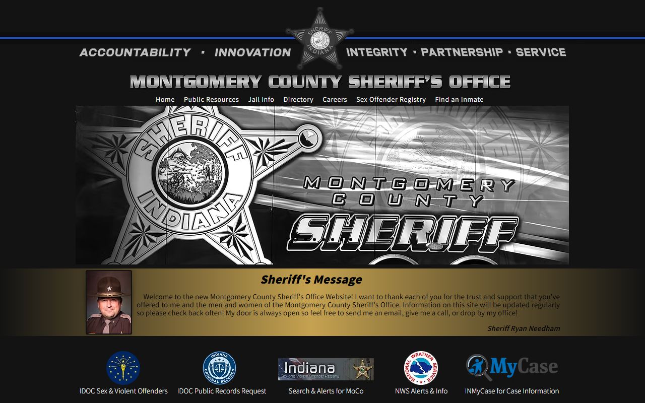Montgomery County Sheriff Office website showing arrest records resources in Crawfordsville