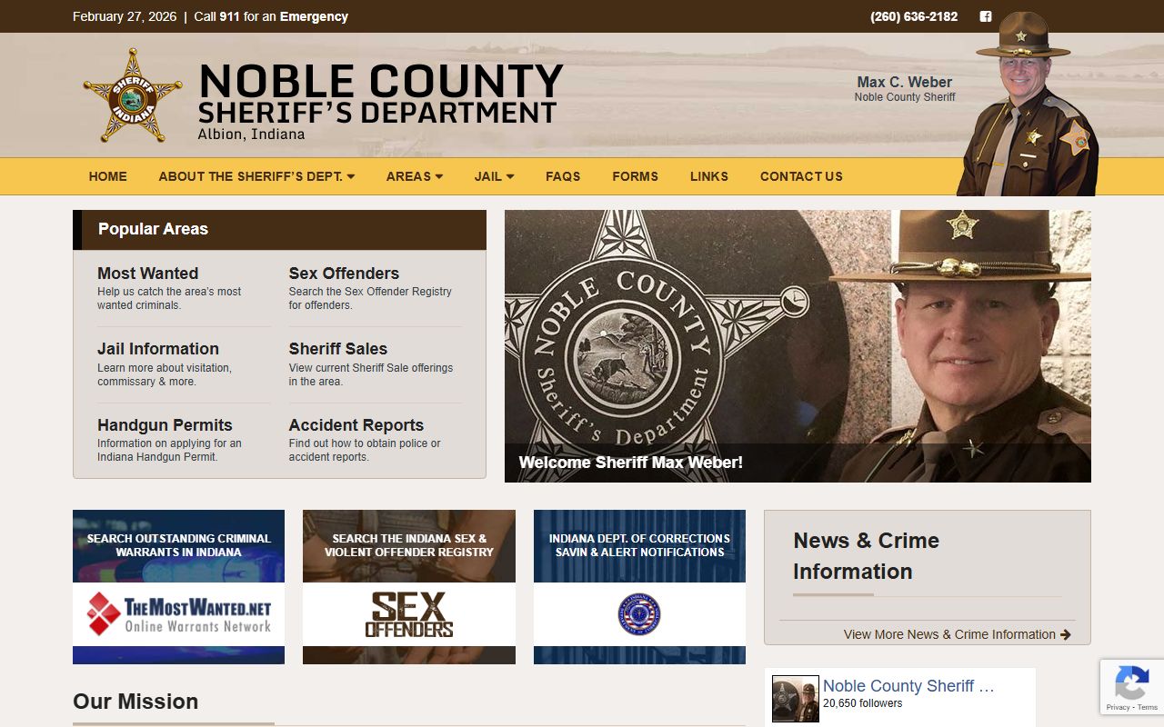Noble County Sheriff's Office website for arrest records