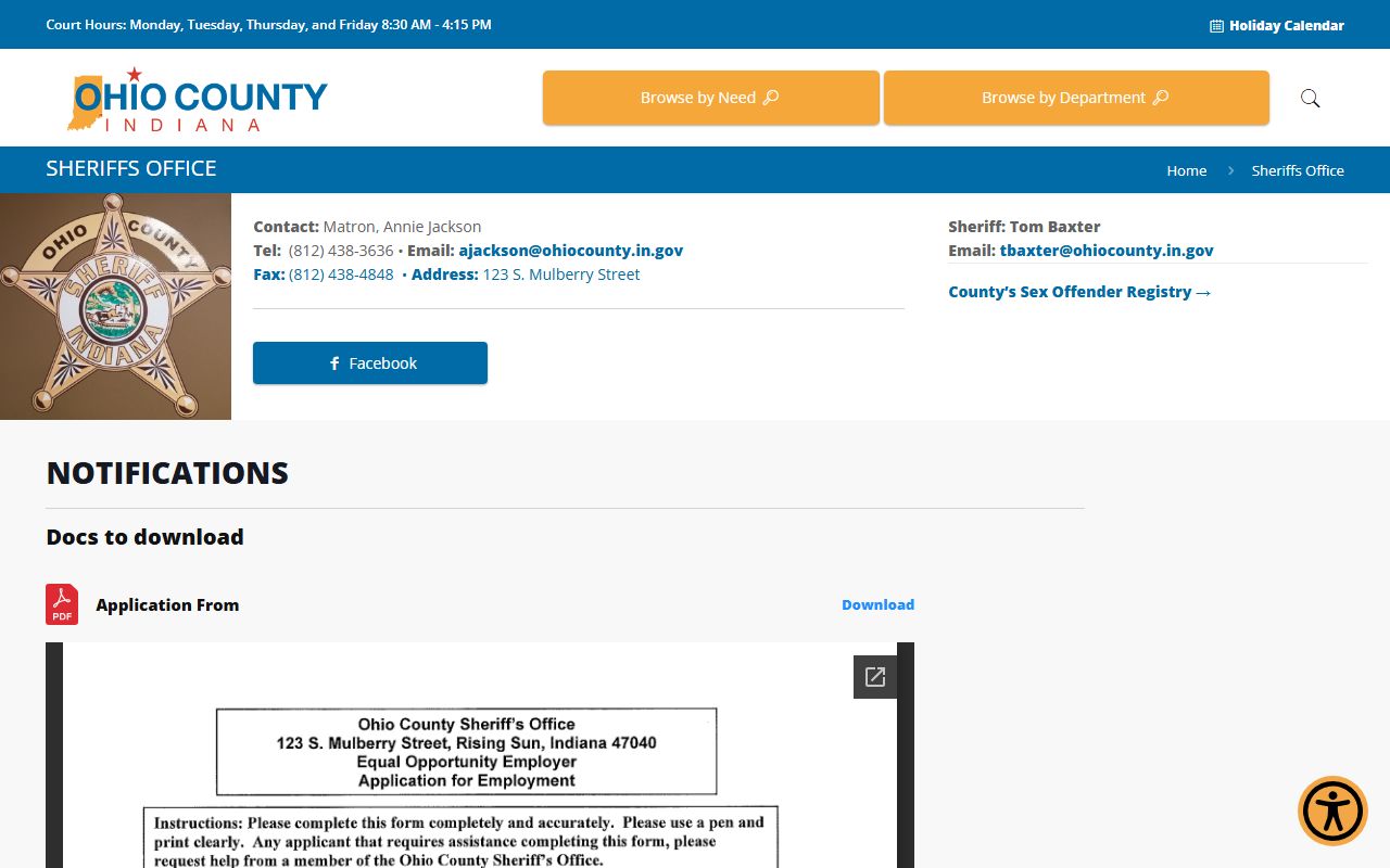 Ohio County Sheriff's Office website for arrest records