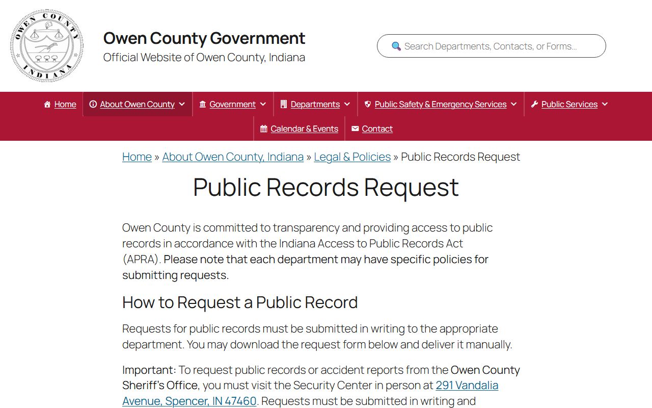 Owen County public records request page for obtaining arrest and booking records