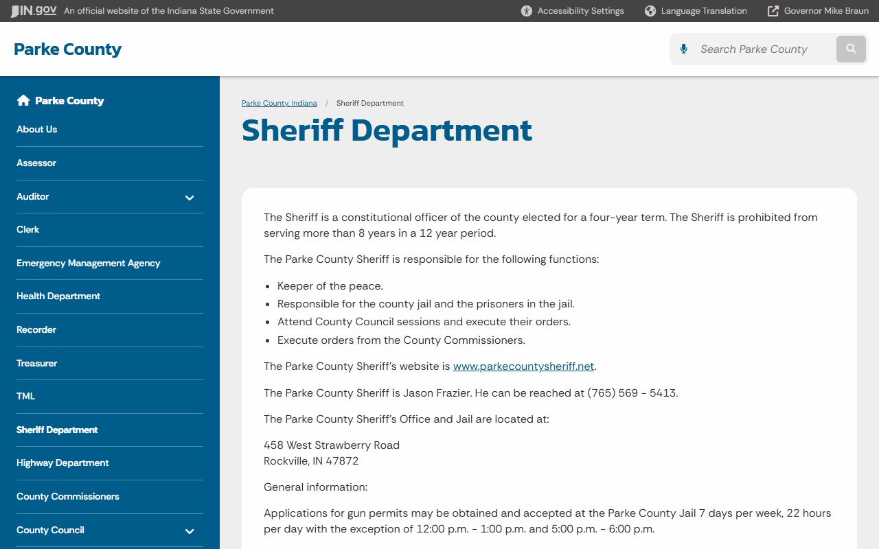 Parke County Sheriff page on Indiana state portal