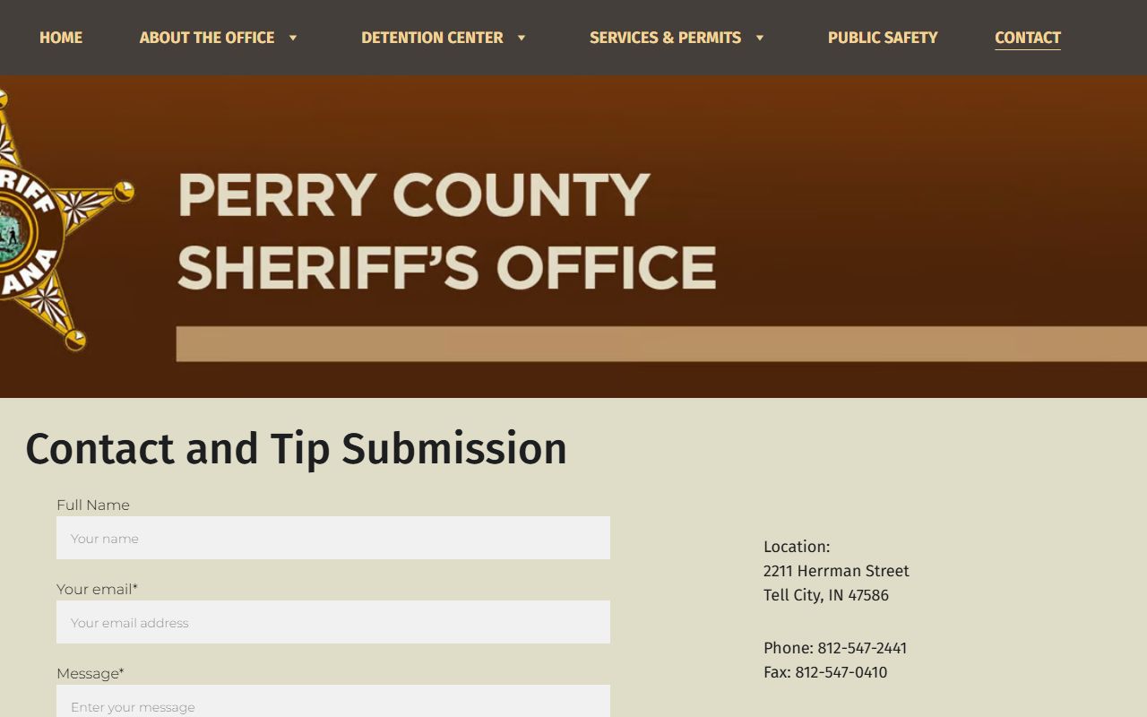 Perry County Sheriff contact page with phone and address details