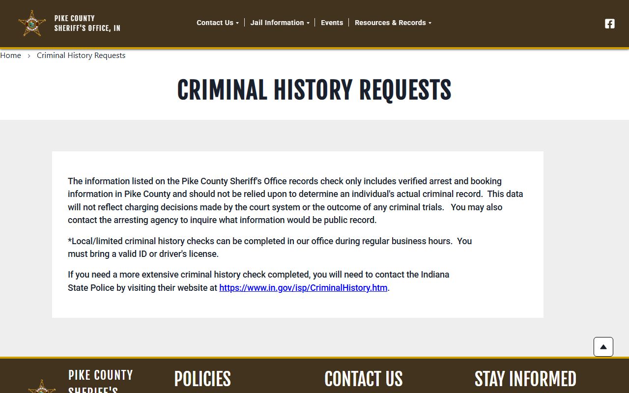 Pike County criminal history search page for past arrest records