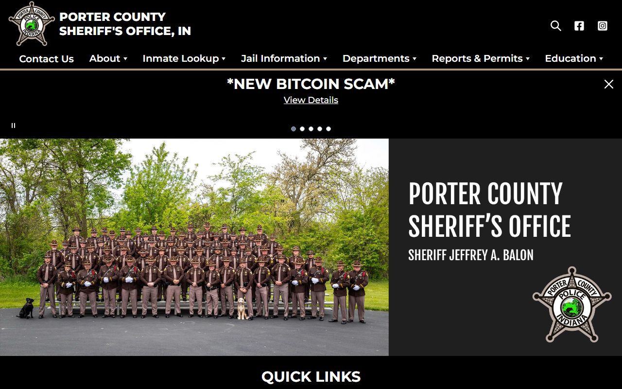 Porter County Sheriff Office homepage for arrest records in Valparaiso